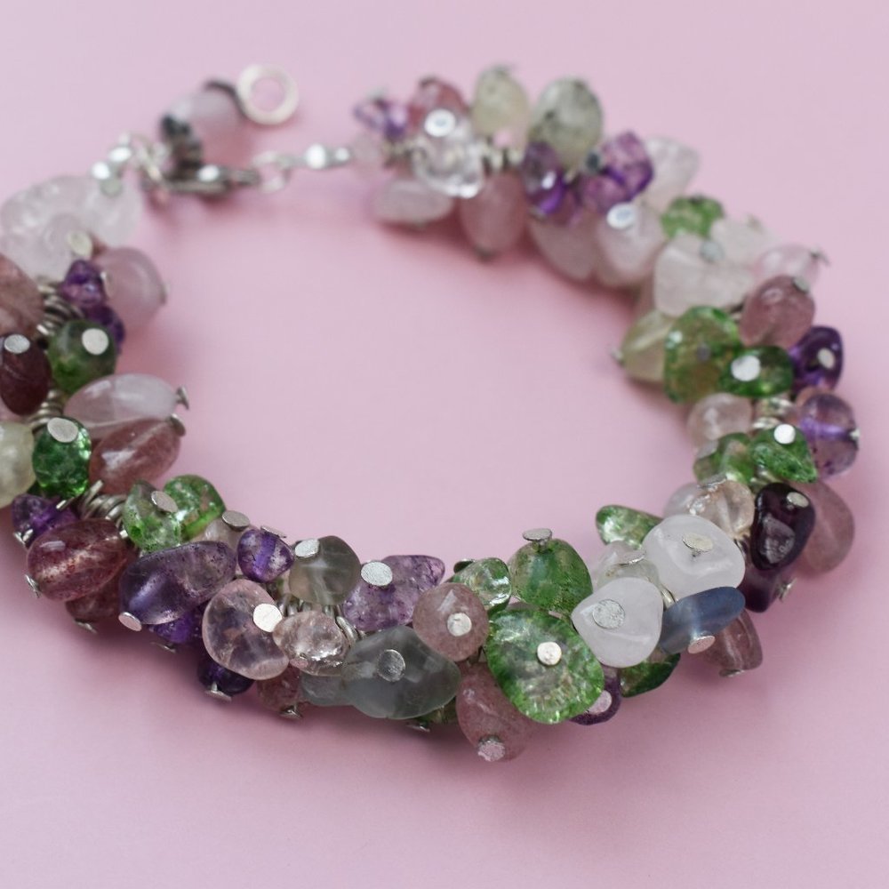 Quirky gemstone bracelet for women, fancy chunky rose quartz bracelet